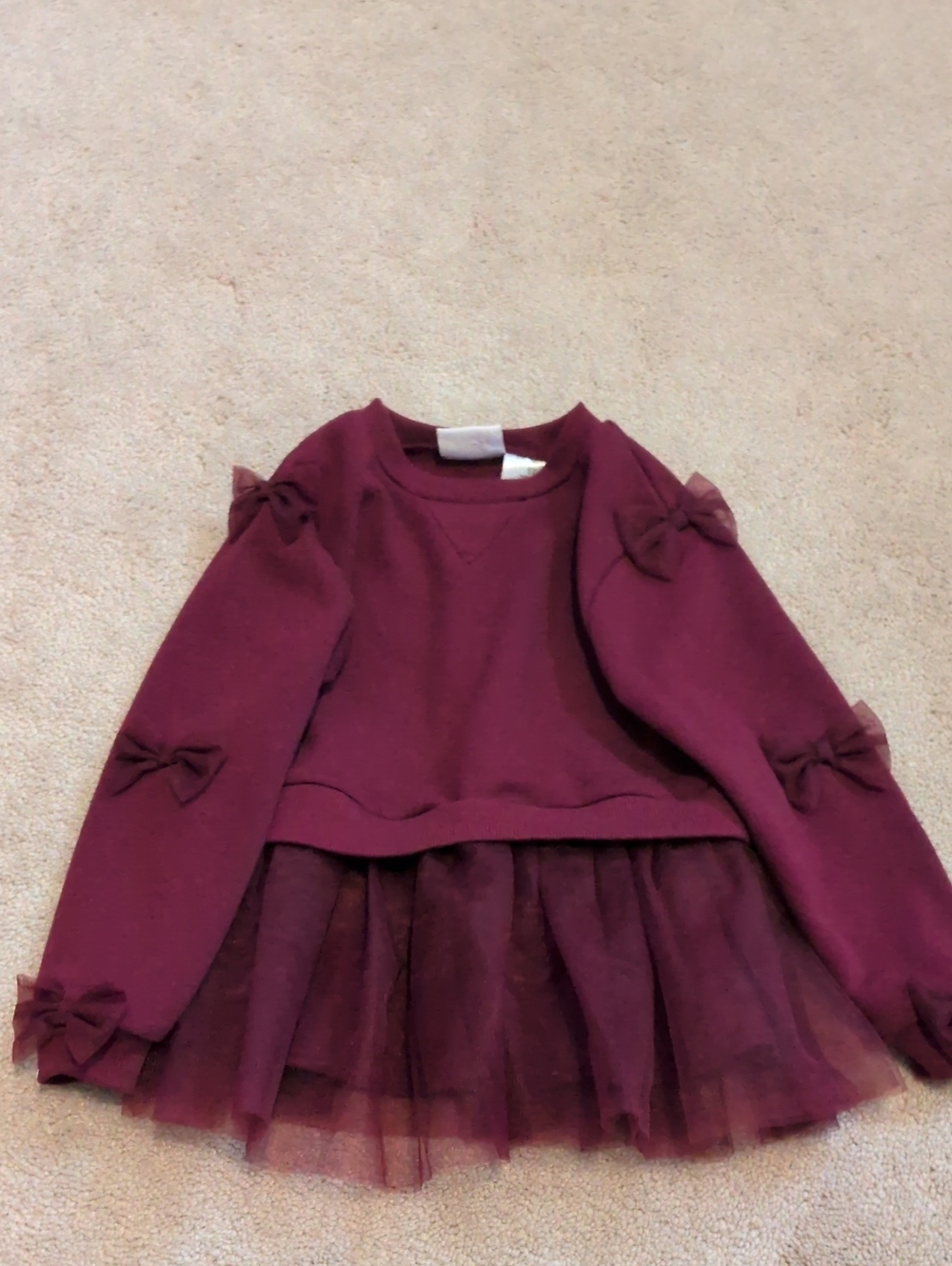 Girls Burgundy Bow-Accent Tulle Sweatshirt Top - 5T